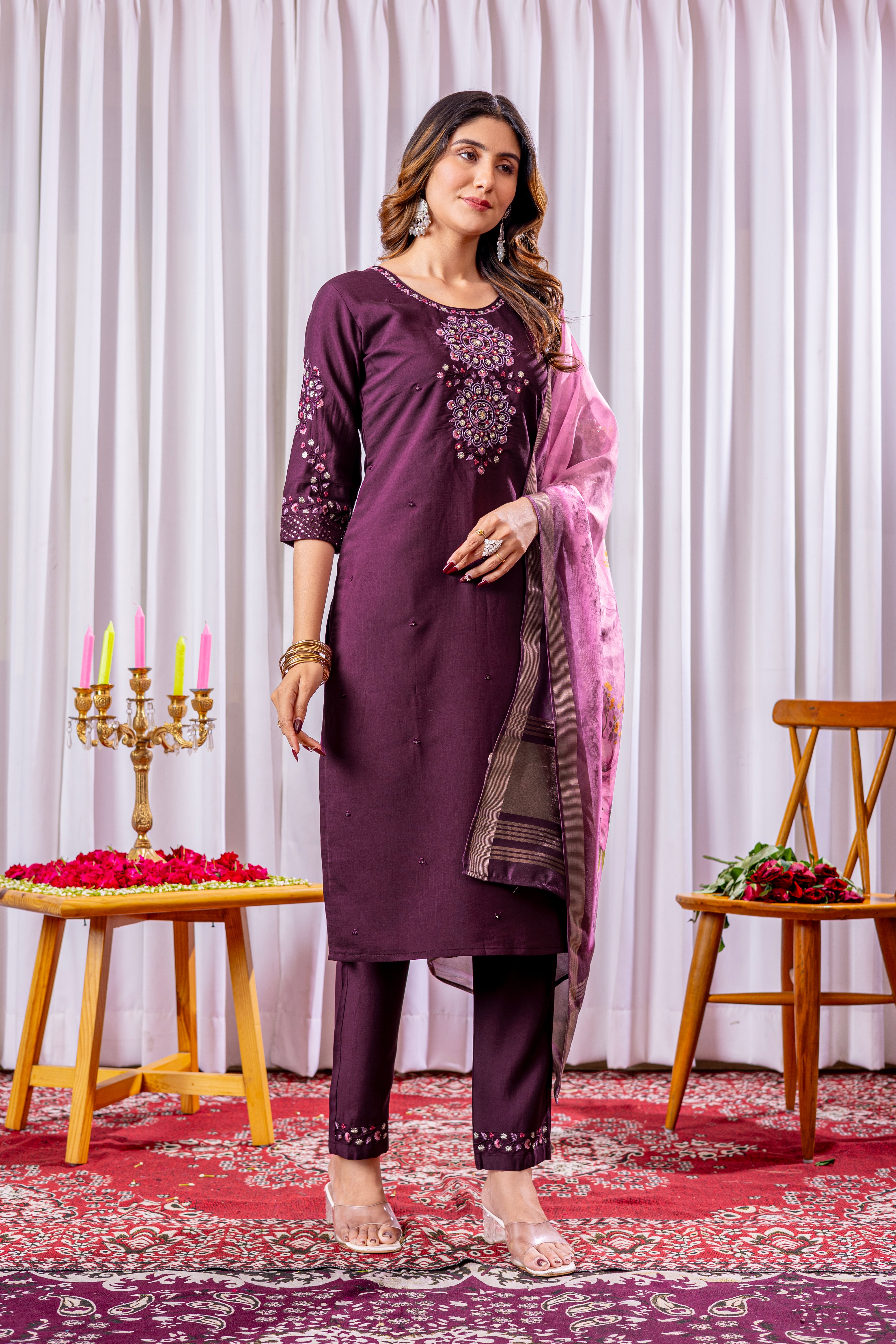 Viscose Silk Embroidered Straight Kurti Set – Wine