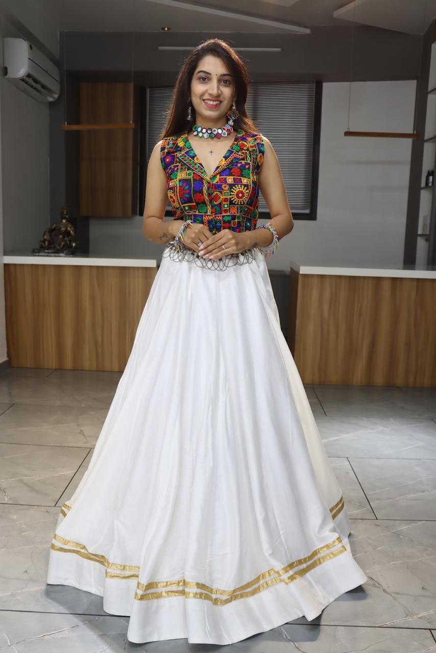 Navratri White Rayon Cotton Lehenga Set