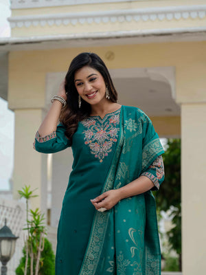 Premium Roman Silk Embroidered Straight Kurti Set – Rama Green