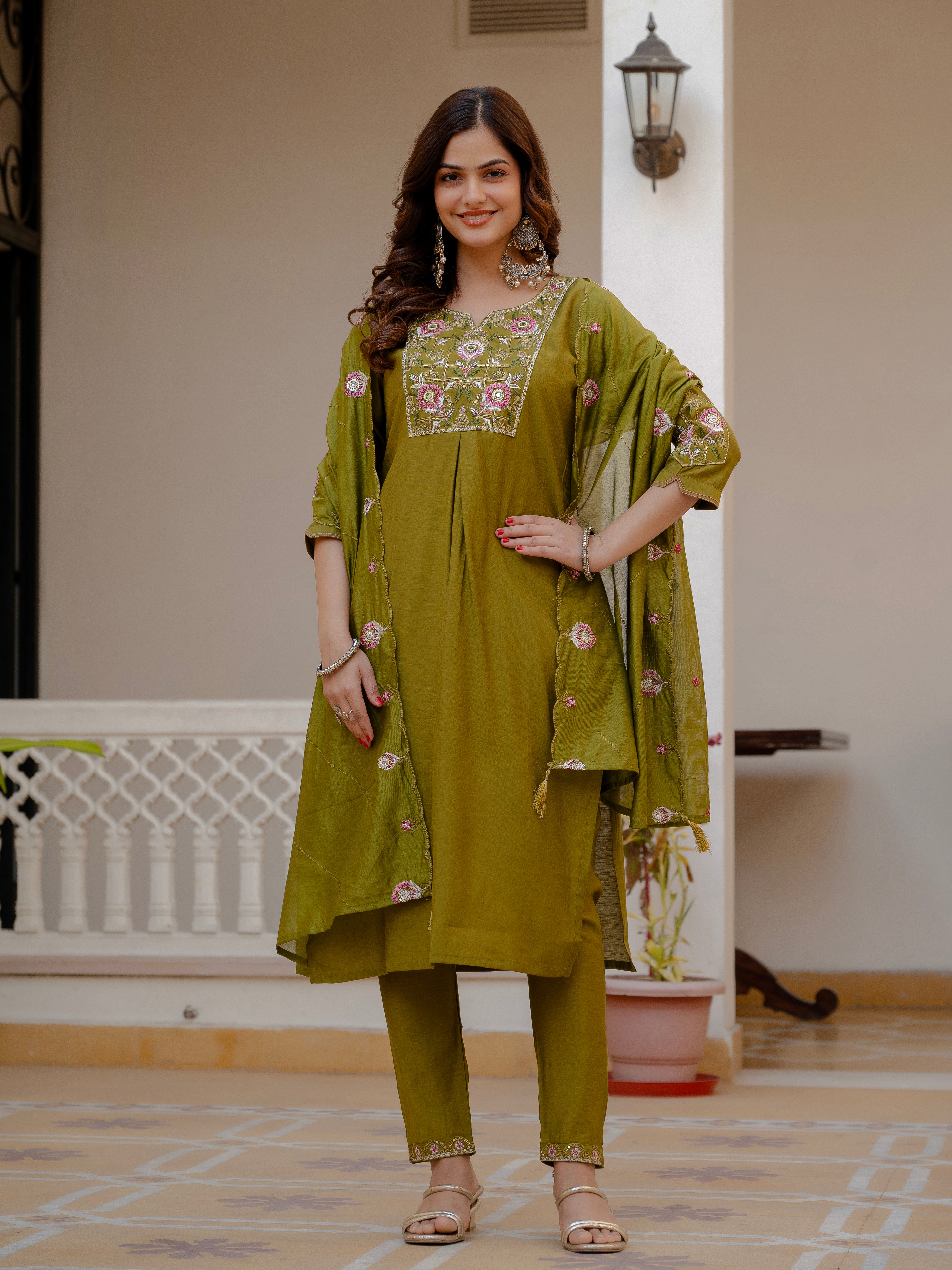 Pure Viscose Mango Silk Embroidered Straight Kurti Set – Mahendi Green
