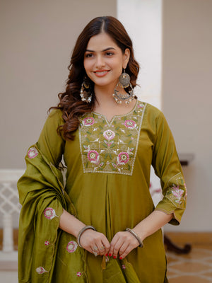 Pure Viscose Mango Silk Embroidered Straight Kurti Set – Mahendi Green