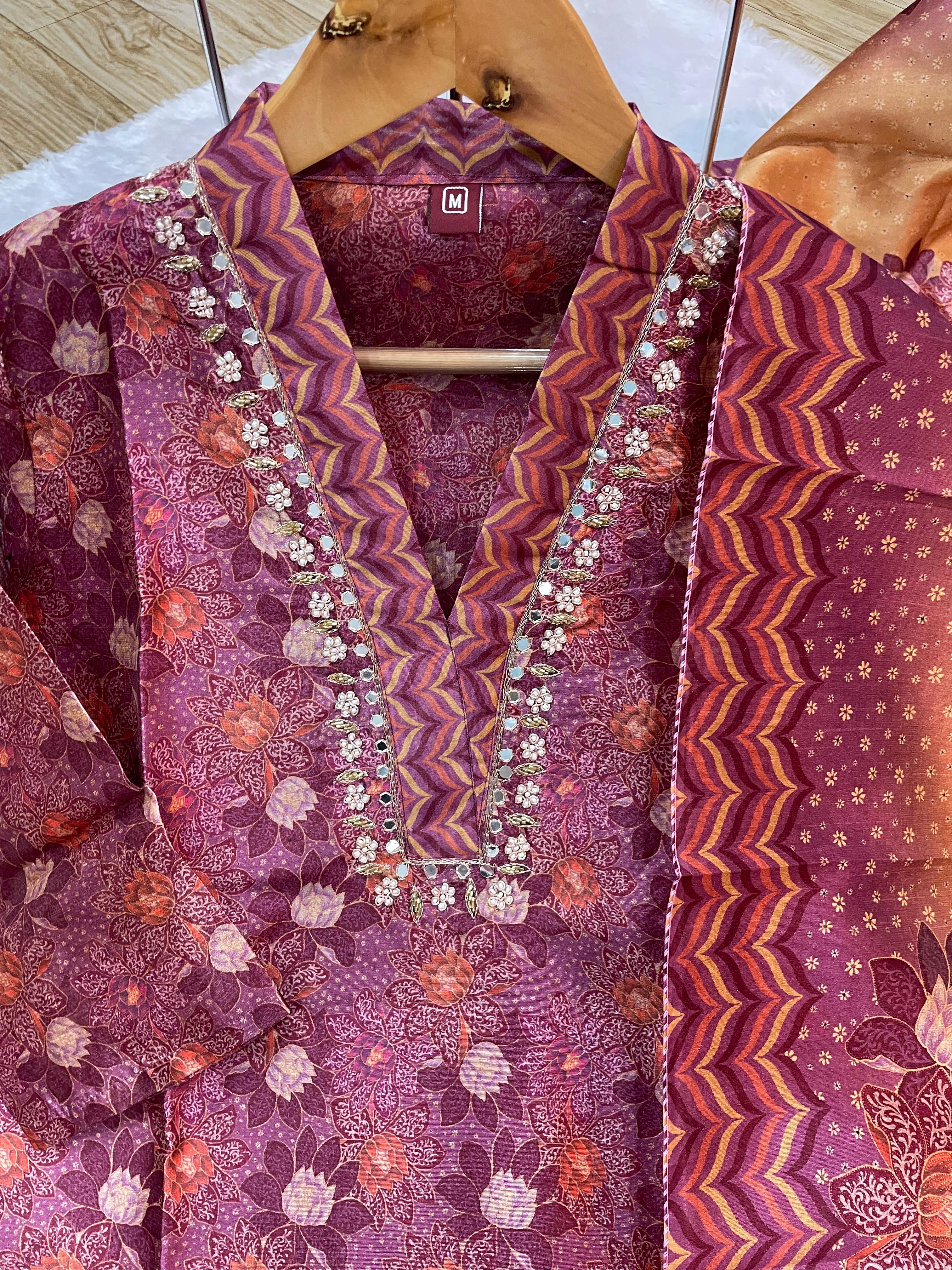 Zarna Silk Embroidered Straight Kurti Set – Wine Purple