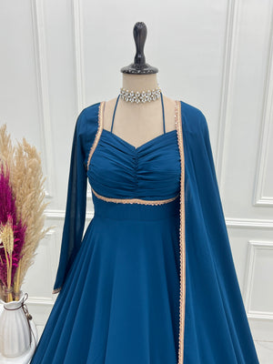 Georgette Embroidered Gown Set – Teal Blue