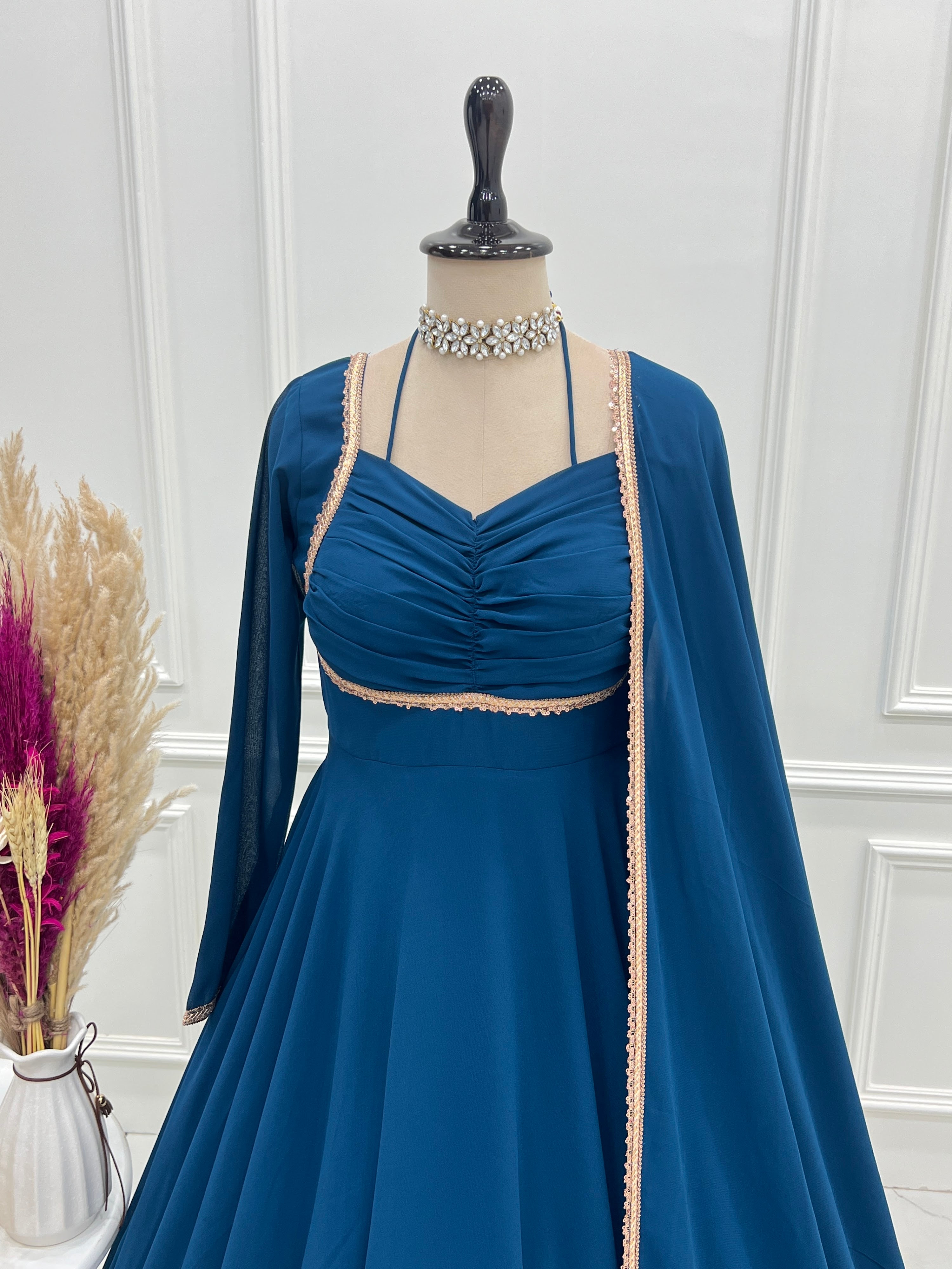 Georgette Embroidered Gown Set – Teal Blue