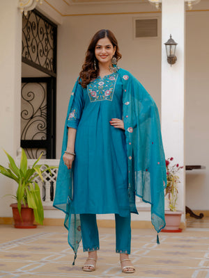 Pure Viscose Mango Silk Embroidered Straight Kurti Set – Firozi