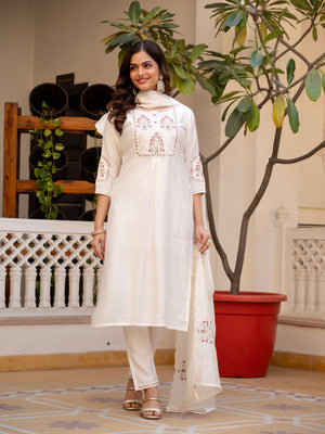 Pure Viscose Mango Silk Embroidered Straight Kurti Set – White