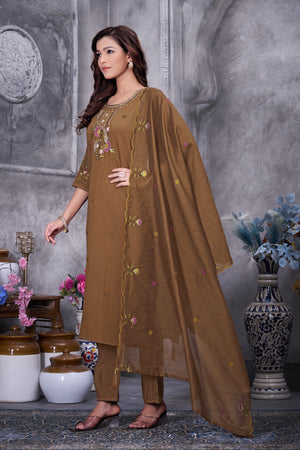 Roman Silk Embroidered Straight Kurti Set – Brown