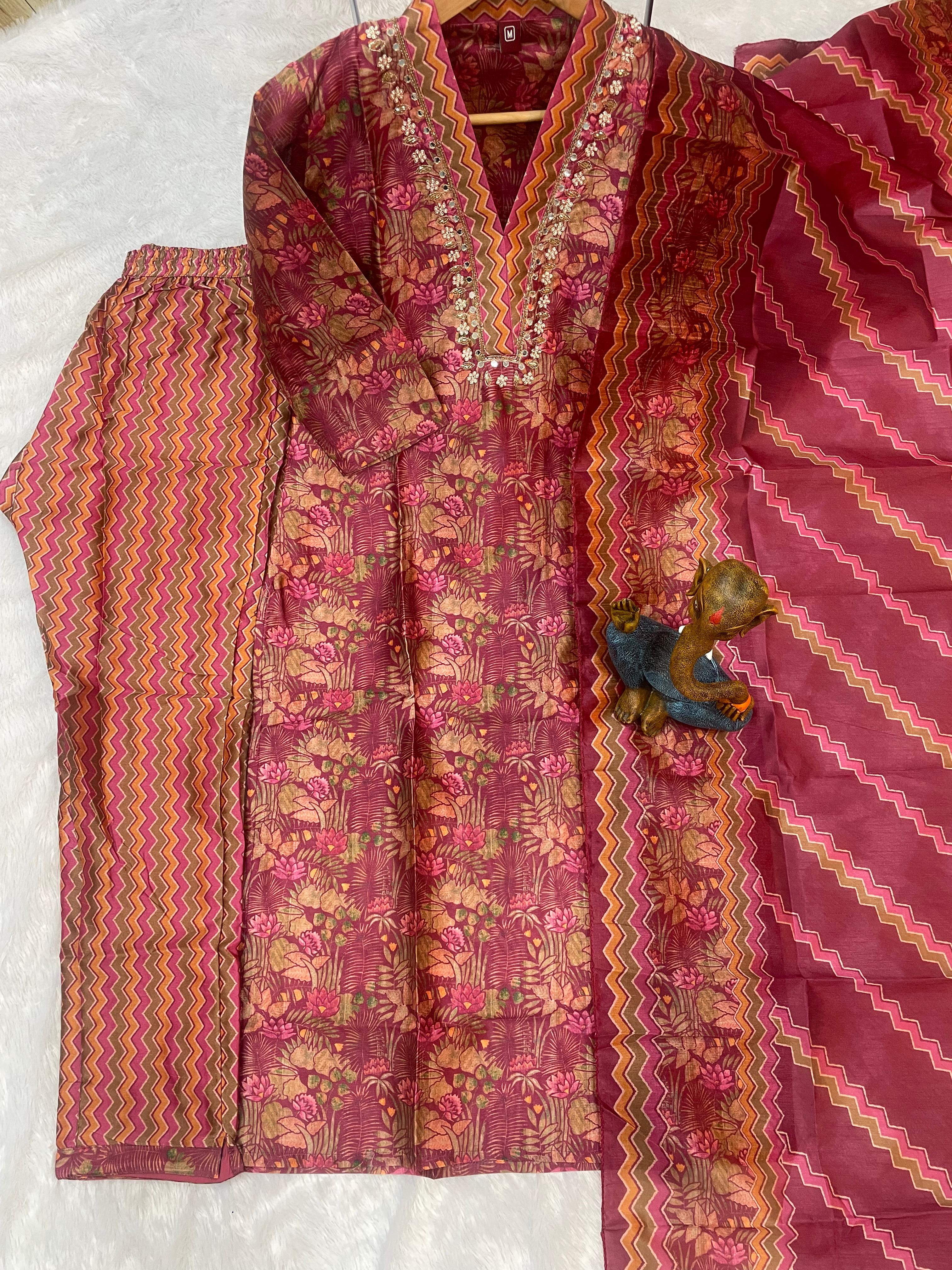 Zarna Silk Embroidered Straight Kurti Set – Maroon