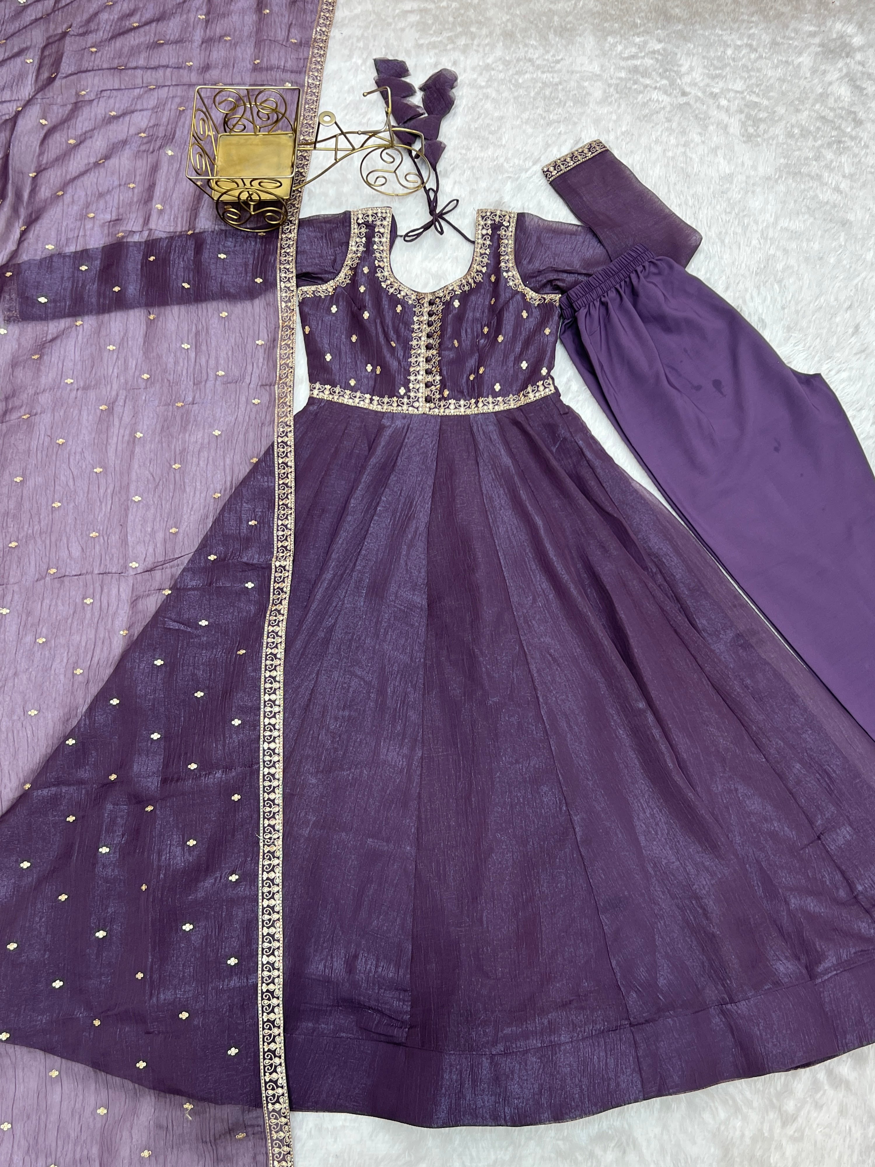 Crunchy Silk Embroidered Gown Set – Purple