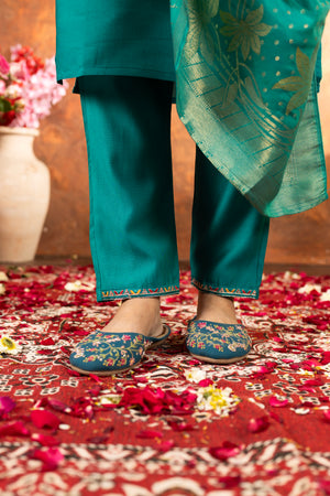 Marina Silk Embroidered Straight Kurti Set – Rama Green