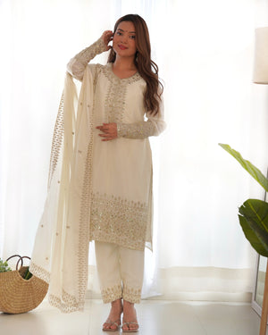 Chinon Silk Embroidered Straight Kurta Set – Ivory