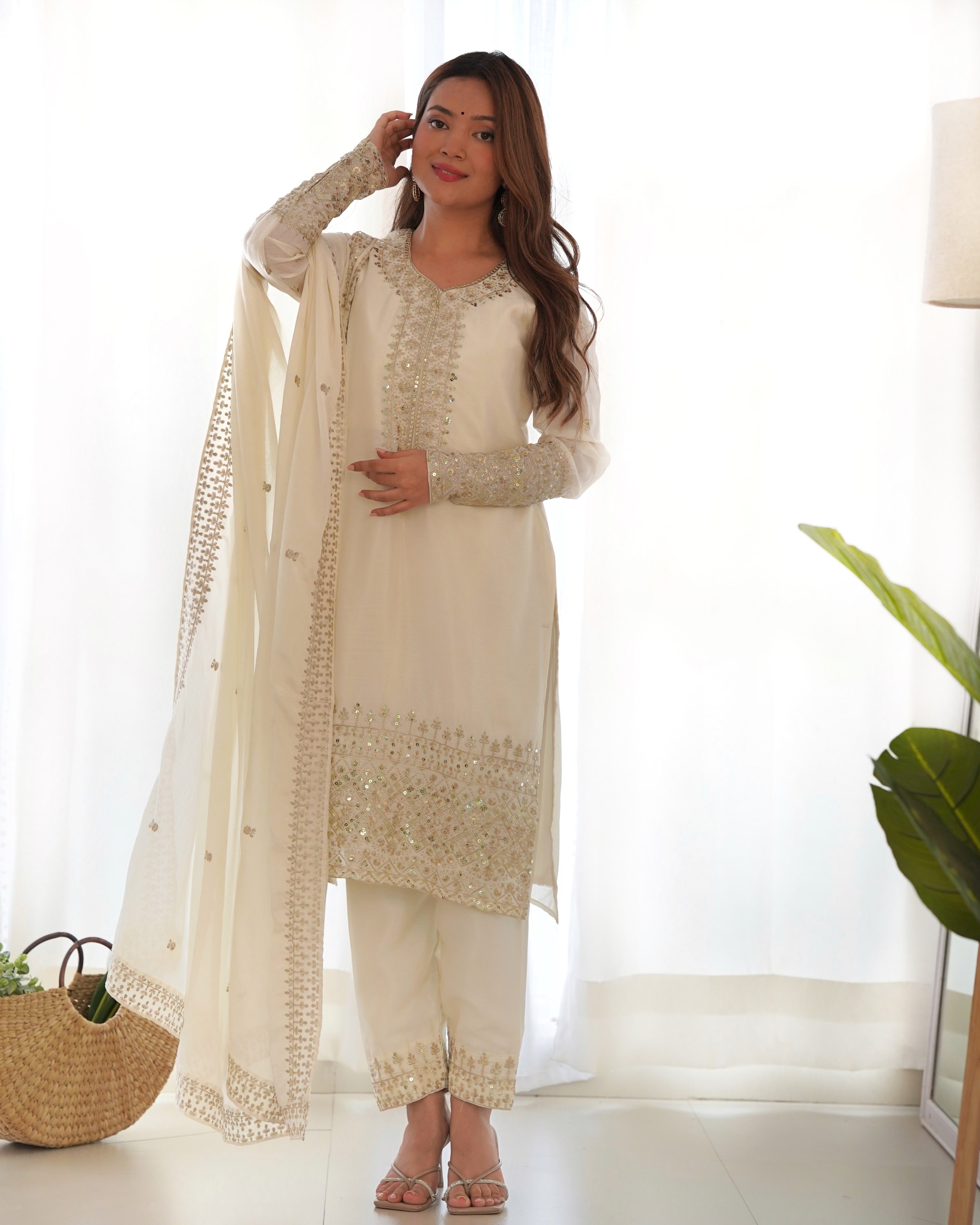 Chinon Silk Embroidered Straight Kurta Set – Ivory