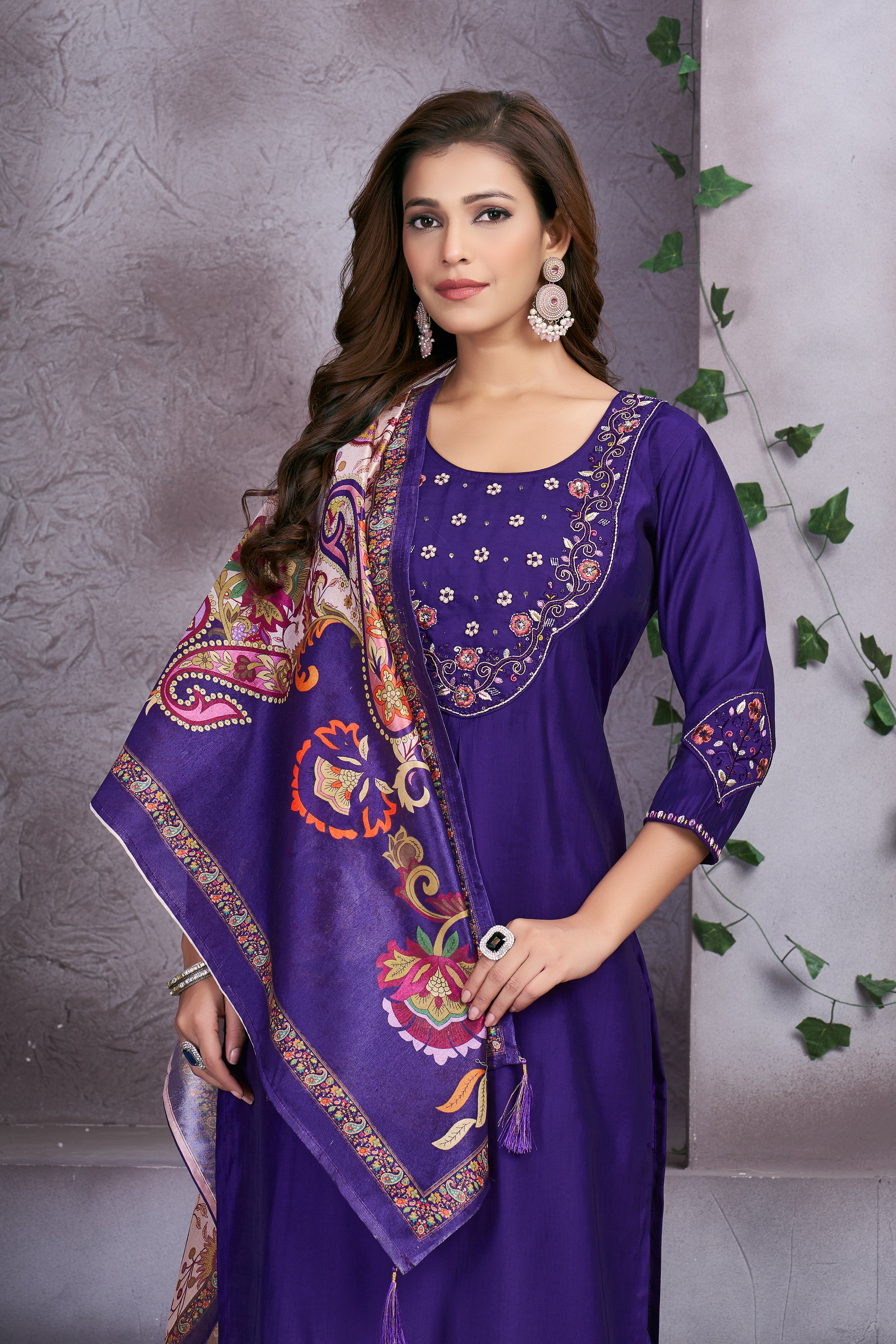 Premium Marina Silk Embroidered Straight Kurti Set – Violet