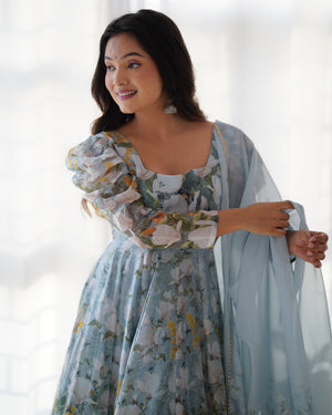 Organza Silk Printed Anarkali Set – Powder Blue Floral