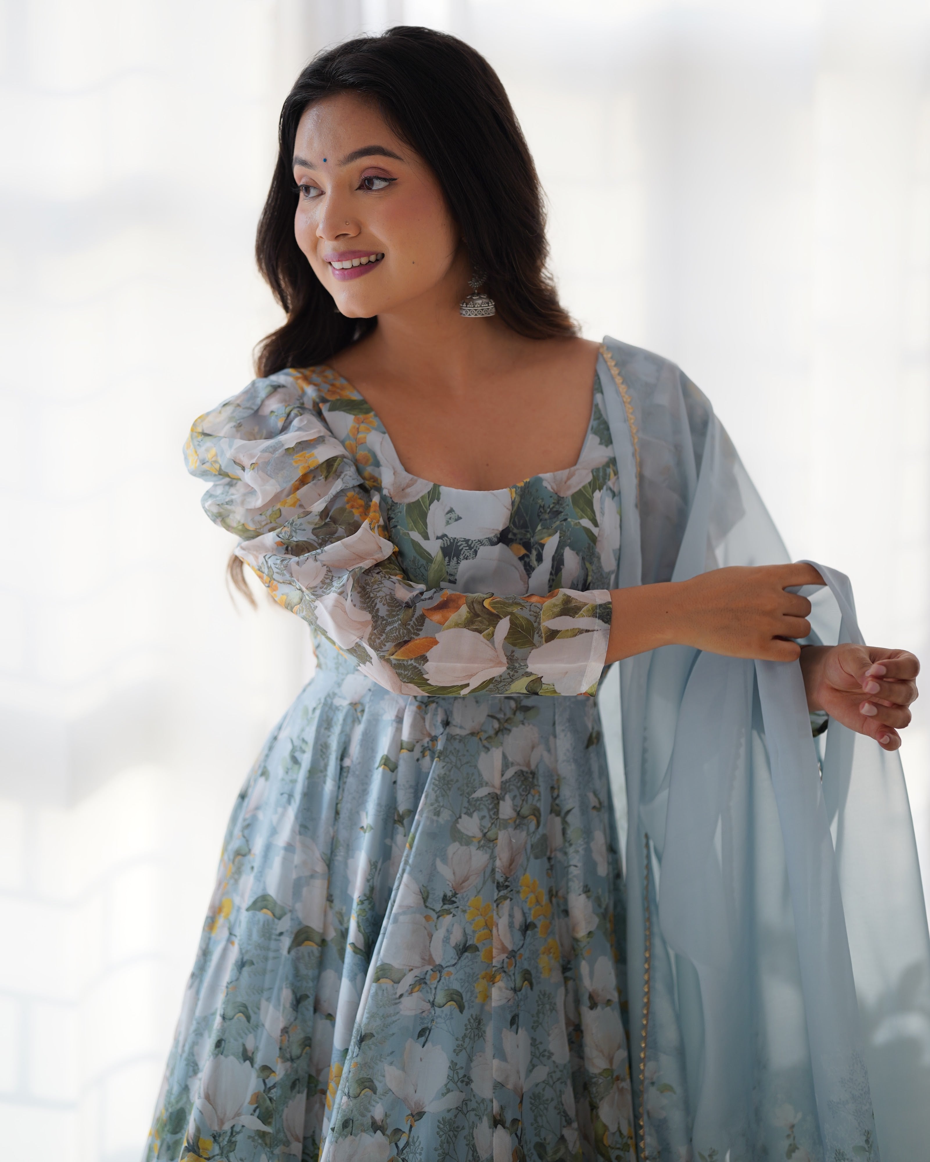 Organza Silk Printed Anarkali Set – Powder Blue Floral