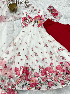 Organza Silk Printed Anarkali Set – Ivory Floral