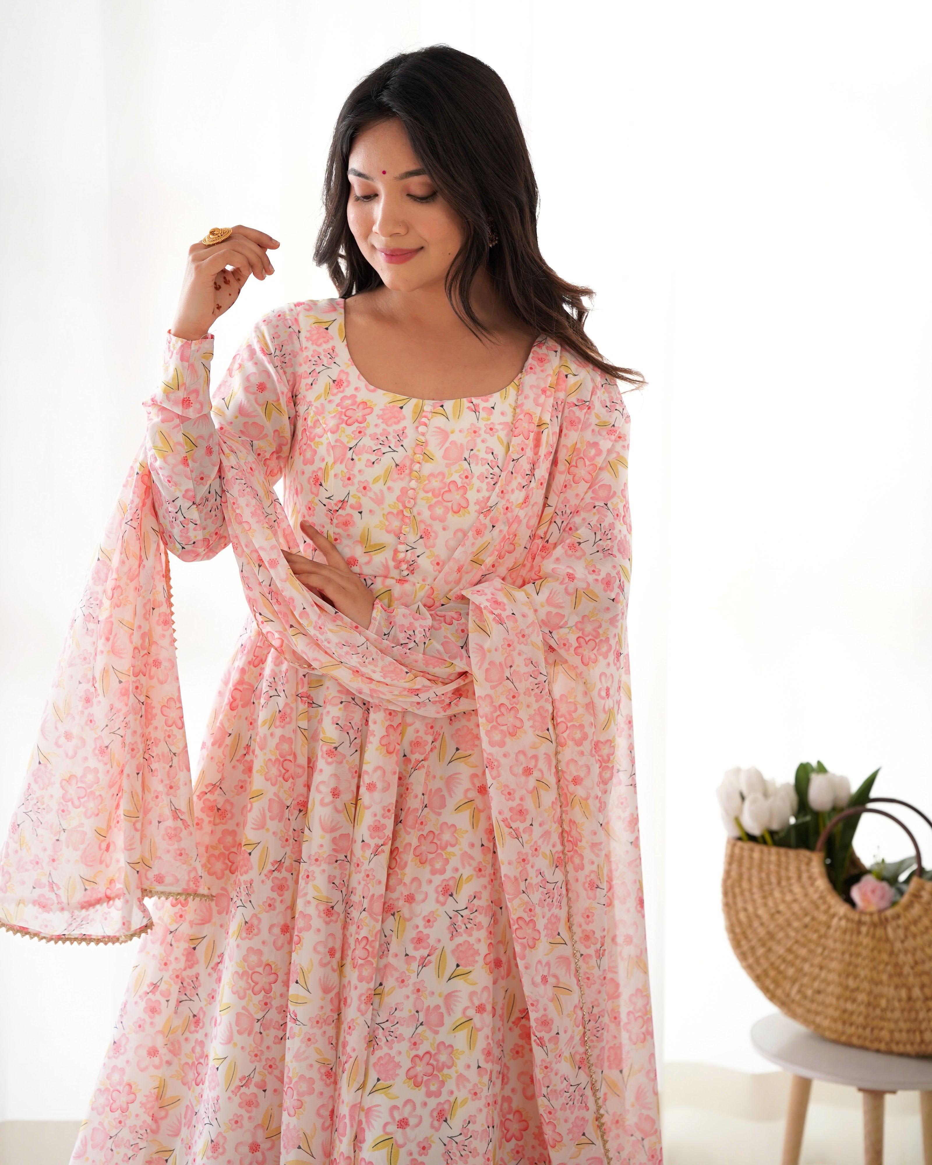 Heavy Orange Chiffon Floral Print Printed Anarkali Set – Pink Floral