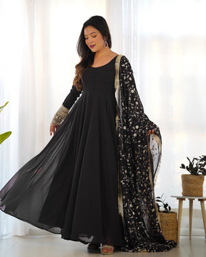 Georgette Embroidered Gown Set – Black