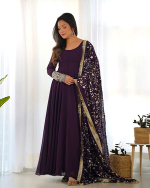 Georgette Embroidered Gown Set – Wine