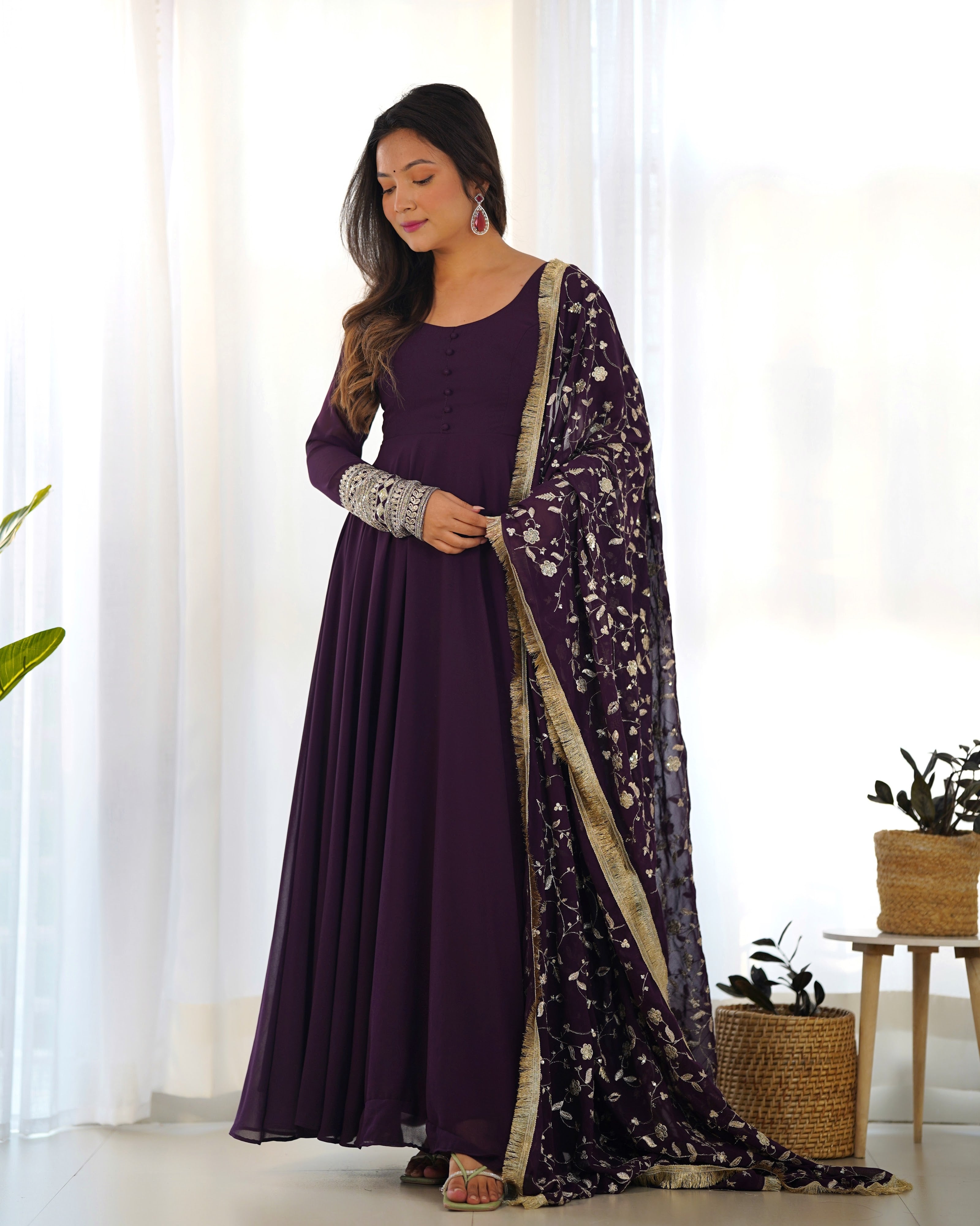 Georgette Embroidered Gown Set – Wine
