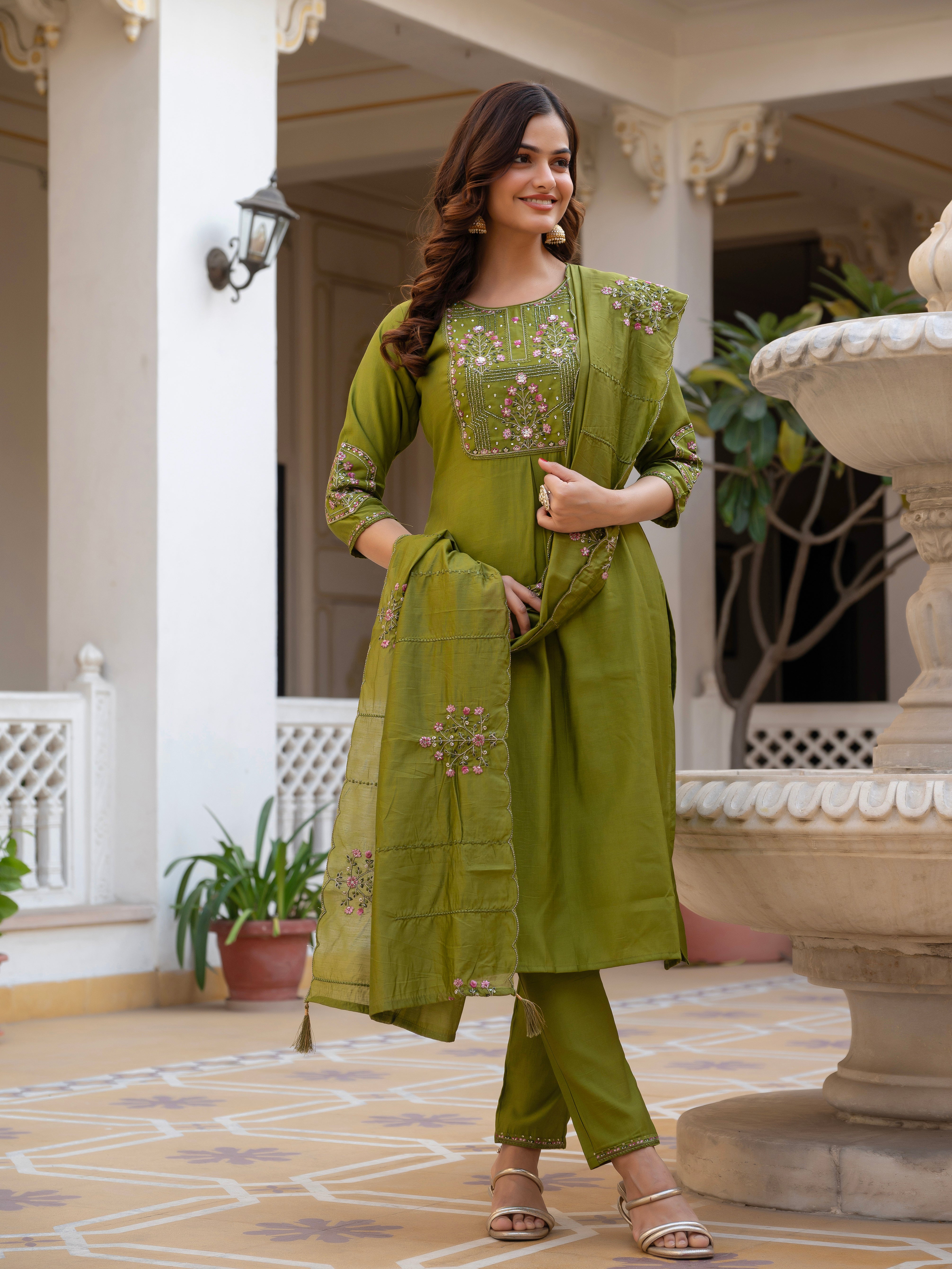 Pure Viscose Mango Silk Embroidered Straight Kurti Set – Mhendi Green
