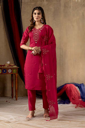 Roman Silk Embroidered Straight Kurti Set – Rani Pink
