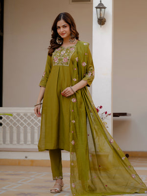 Pure Viscose Mango Silk Embroidered Straight Kurti Set – Mahendi Green