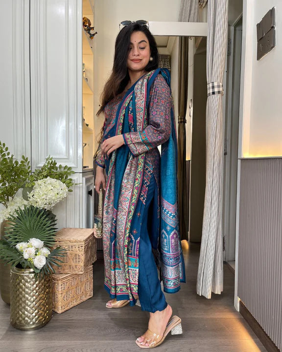 Rayon Printed Kurta Pant Dupatta Set – Navy Blue