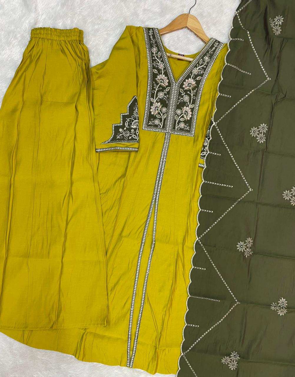 Roman Silk Embroidered Anarkali Kurti Set – Mustard