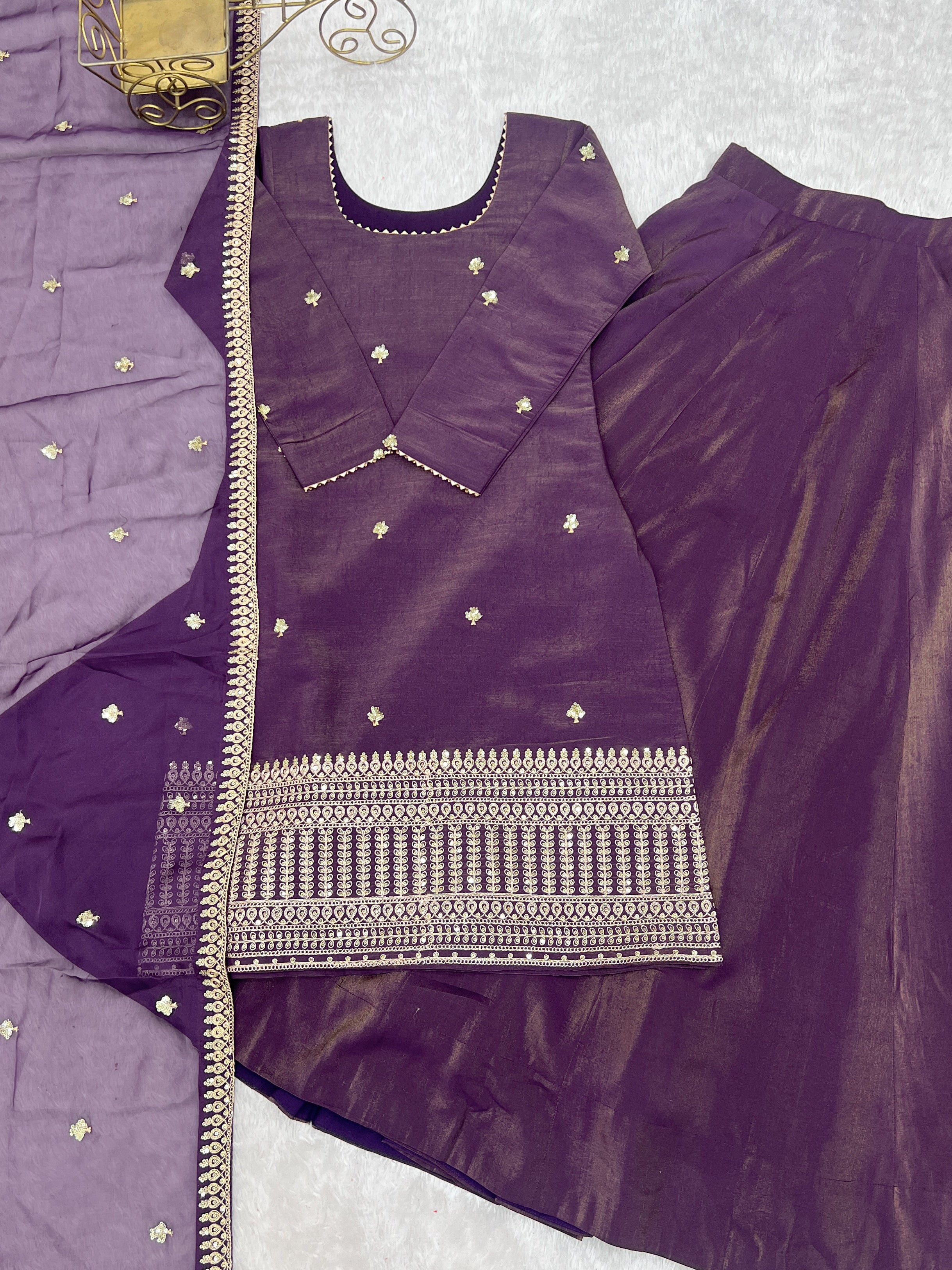 Roman Shimmer Silk Embroidered Top Set – Purple