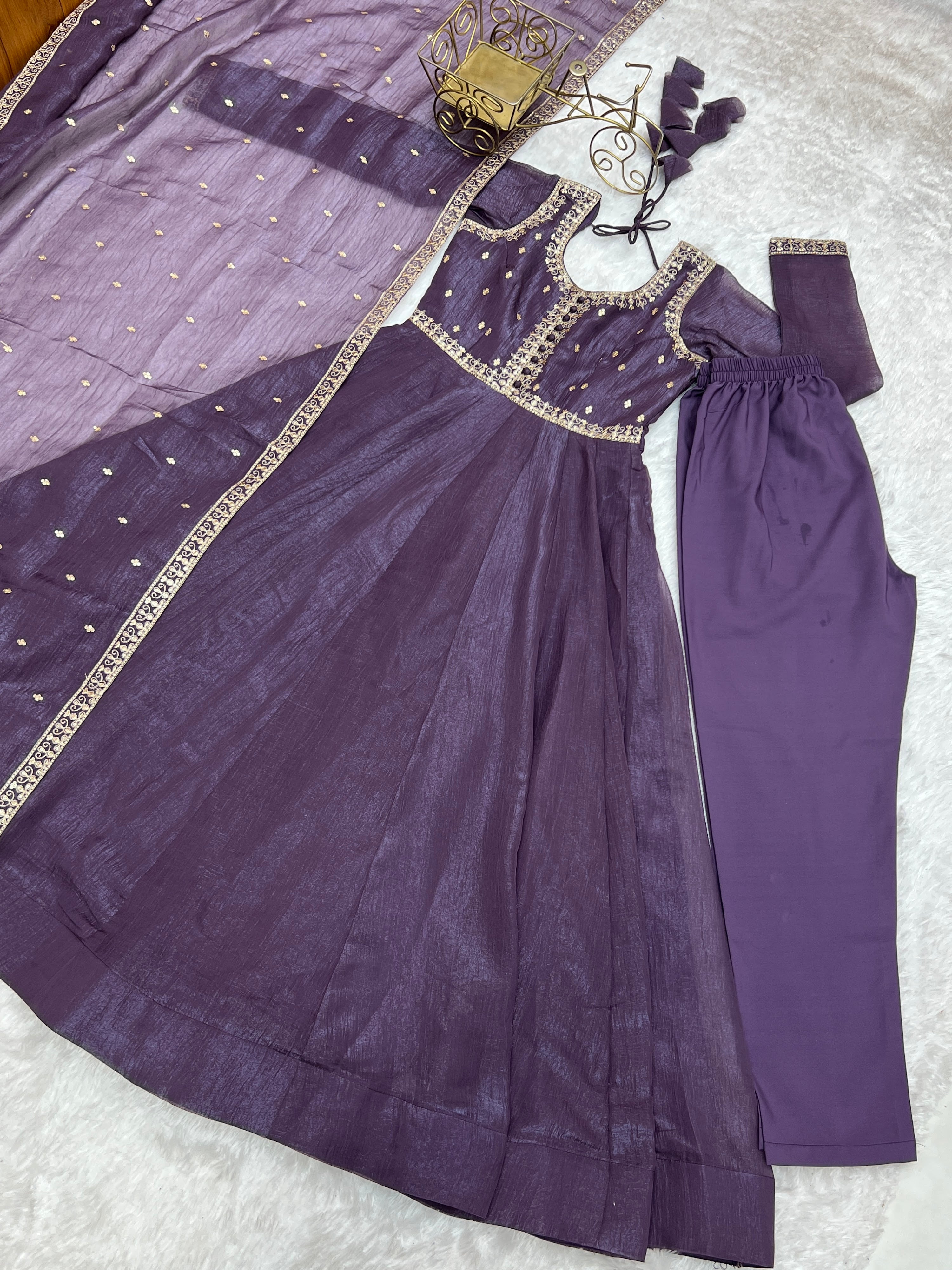 Crunchy Silk Embroidered Gown Set – Purple