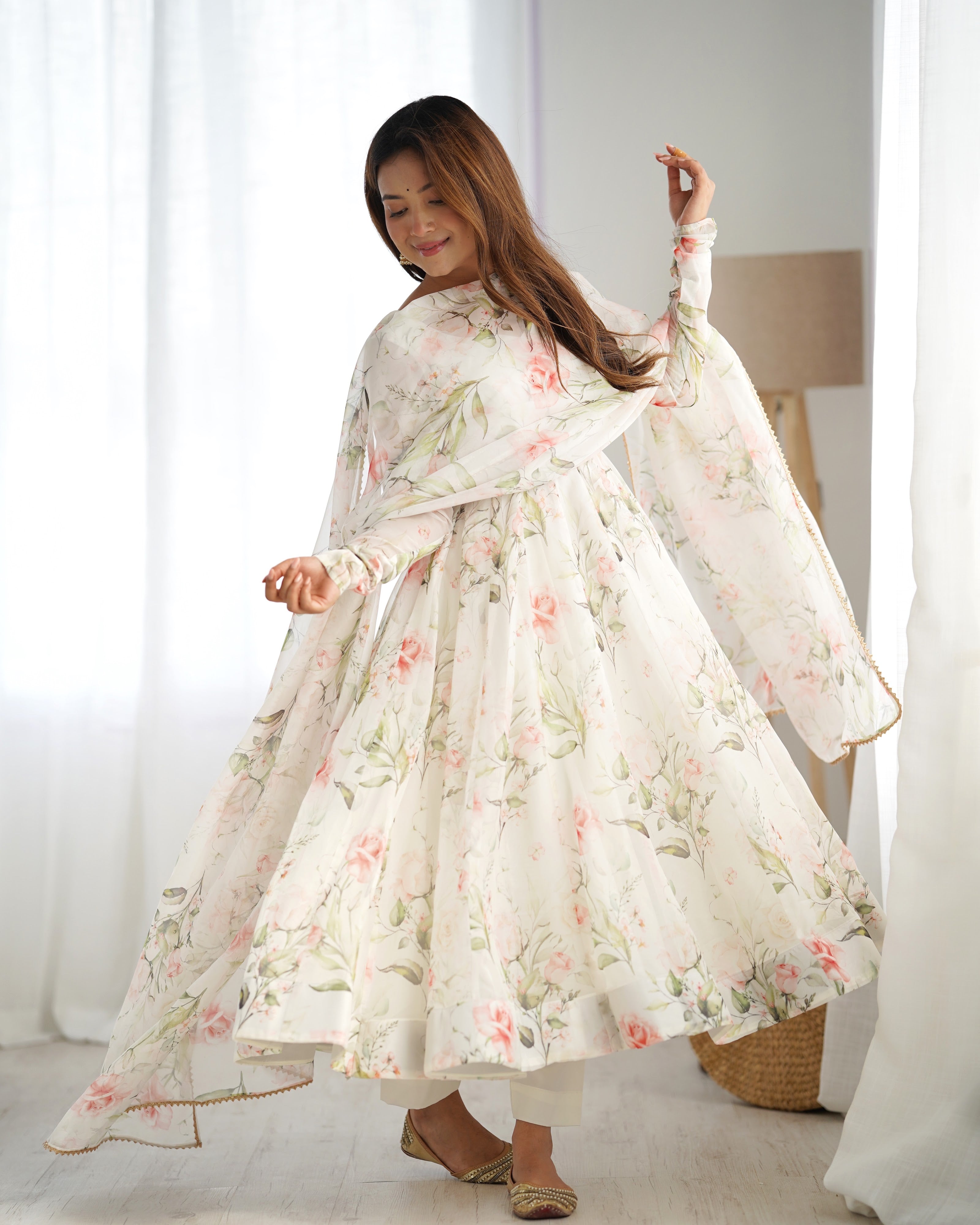 Organza Silk Printed Anarkali Set – Off White