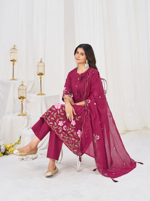 Pure Cotton Embroidered Anarkali Kurti Set – Pink