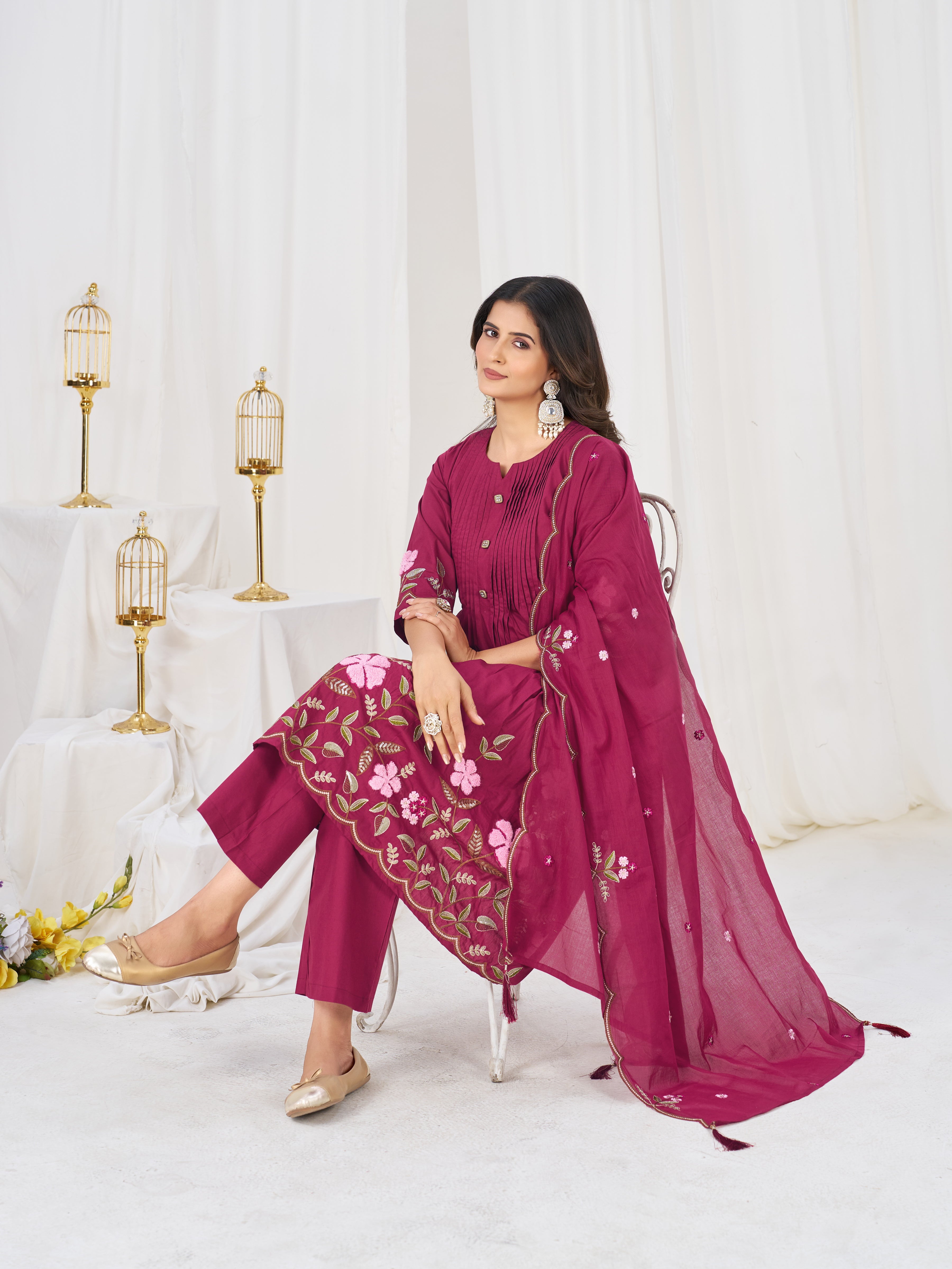 Pure Cotton Embroidered Anarkali Kurti Set – Pink