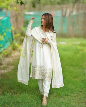 Chinon Silk Embroidered Straight Kurta Set – Ivory