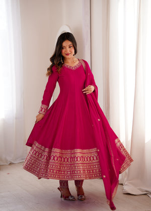 Vichitra Silk Embroidered Anarkali Set – Rani Pink