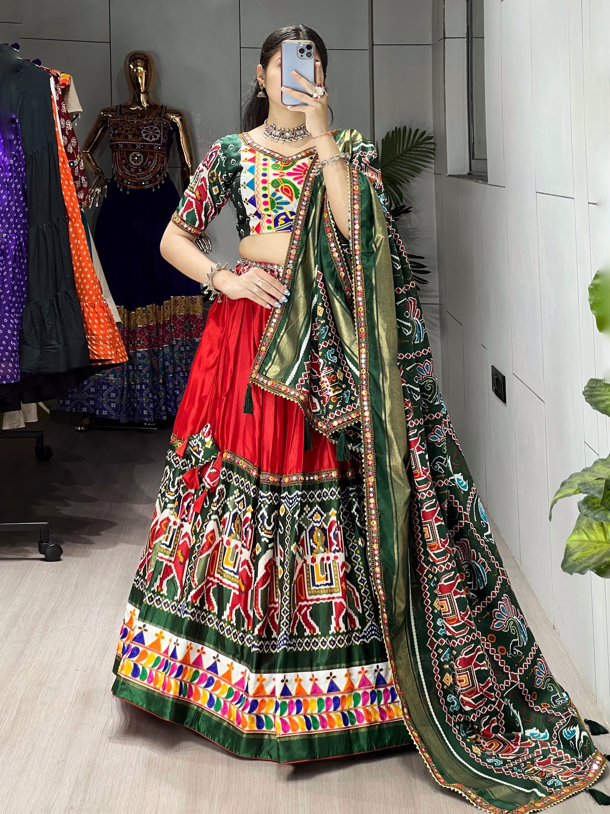 Navratri Red Patola Lehenga Set - Blouse Unstitched