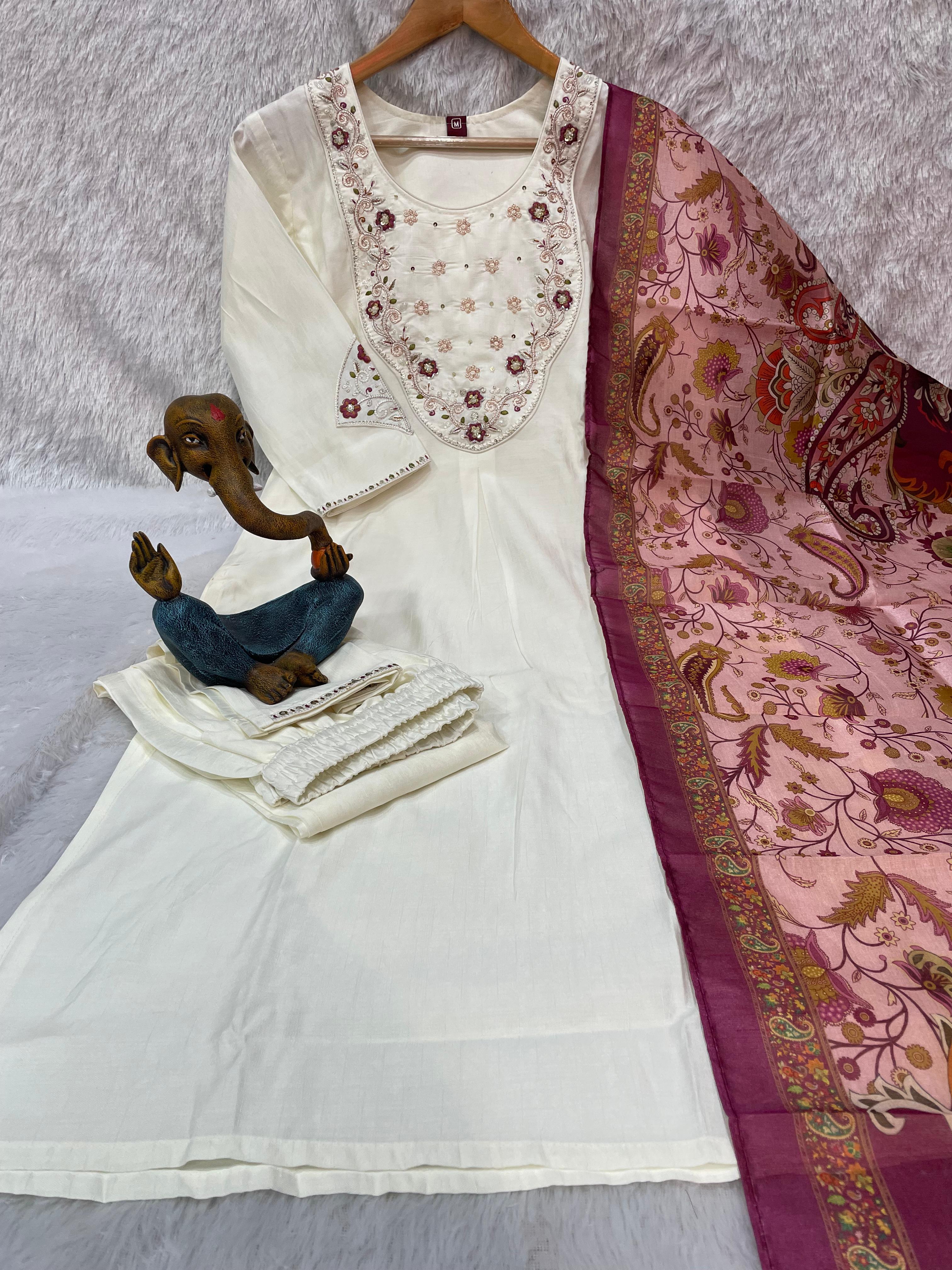 Premium Marina Silk Embroidered Straight Kurti Set – White