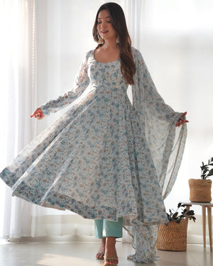 Heavy Orange Chiffon Floral Print Printed Anarkali Set – White Blue