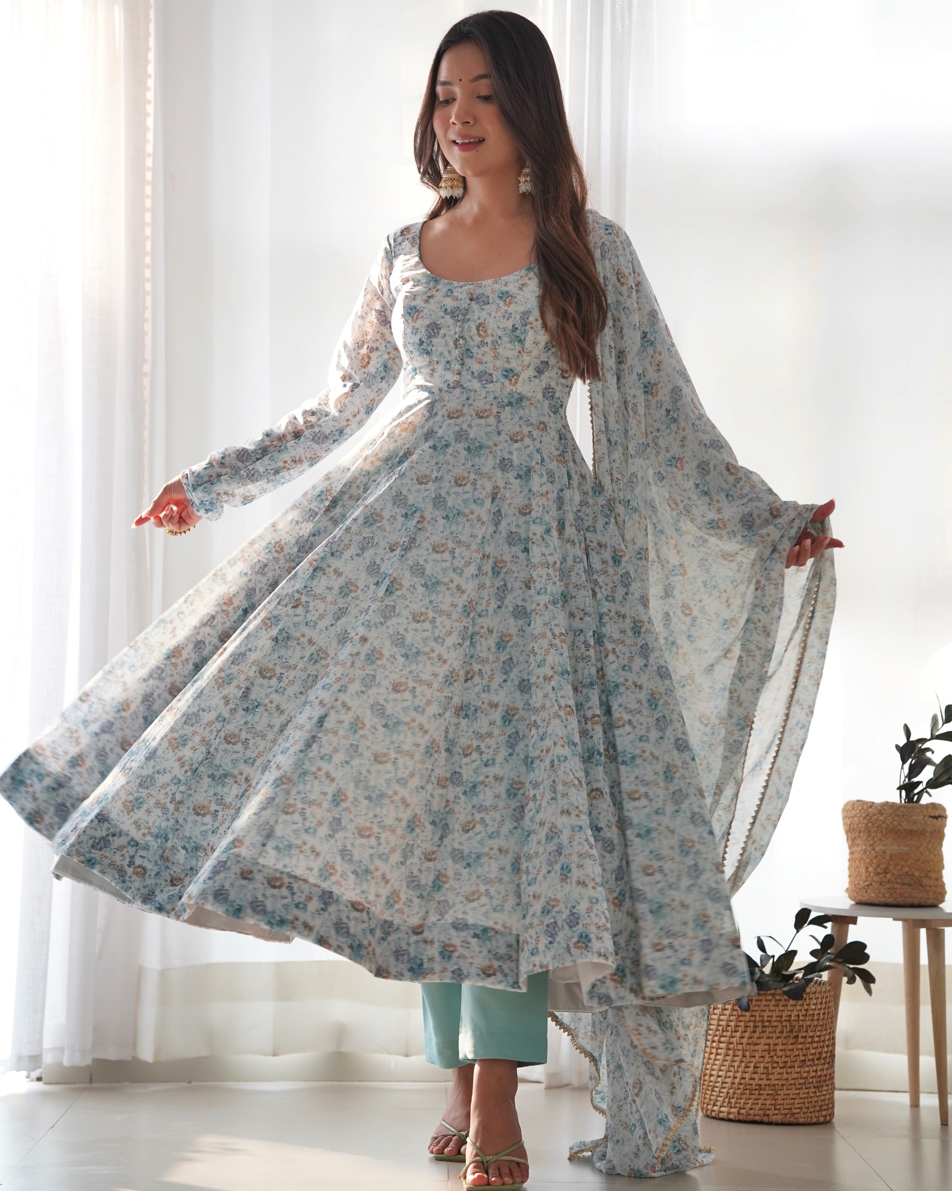 Heavy Orange Chiffon Floral Print Printed Anarkali Set – White Blue