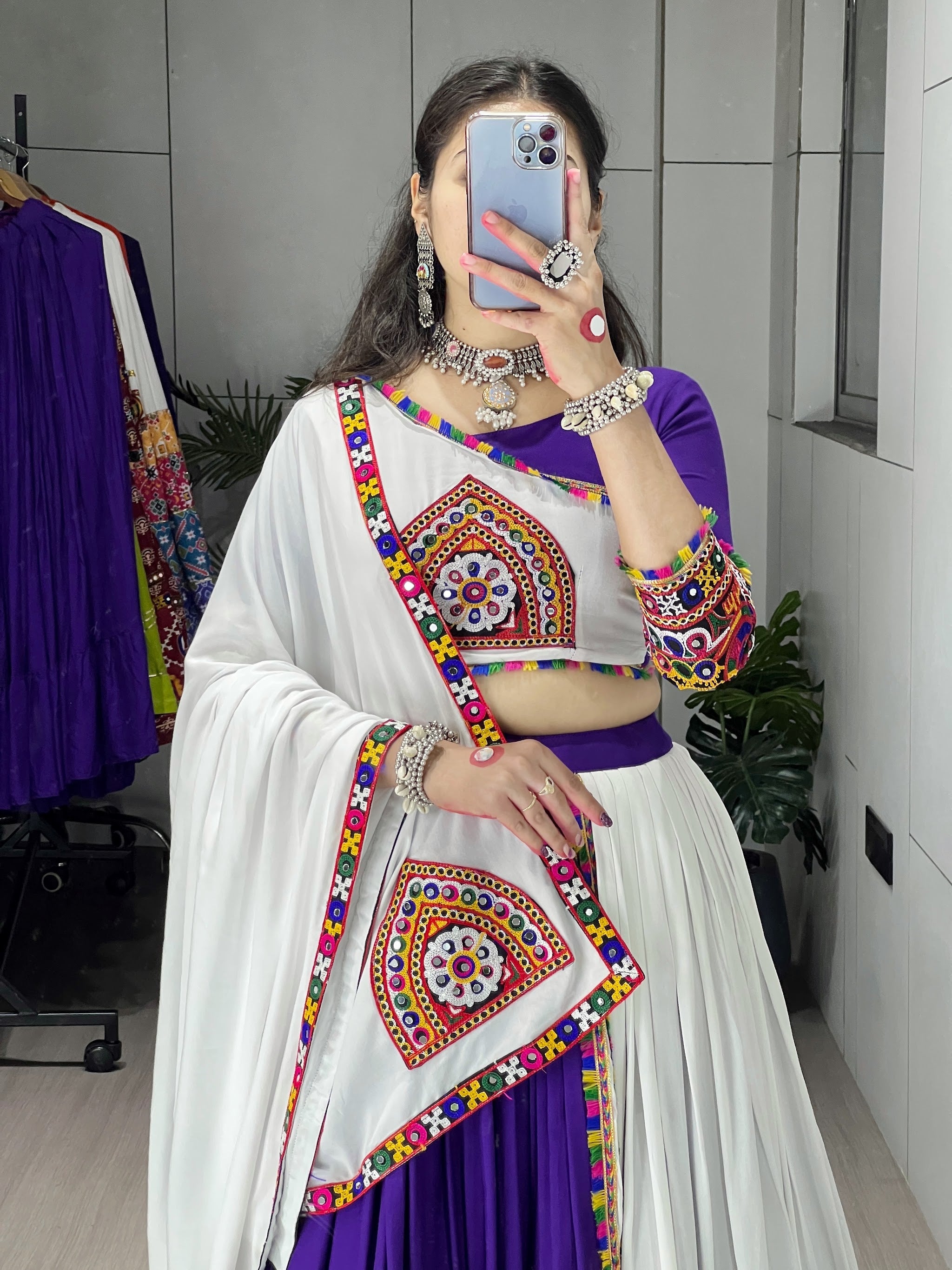 Navratri Purple White Arches Patch Work Lehenga Set