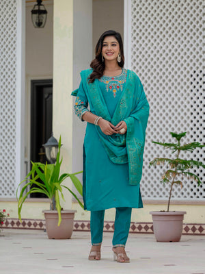 Premium Roman Silk Embroidered Straight Kurti Set – Firozi
