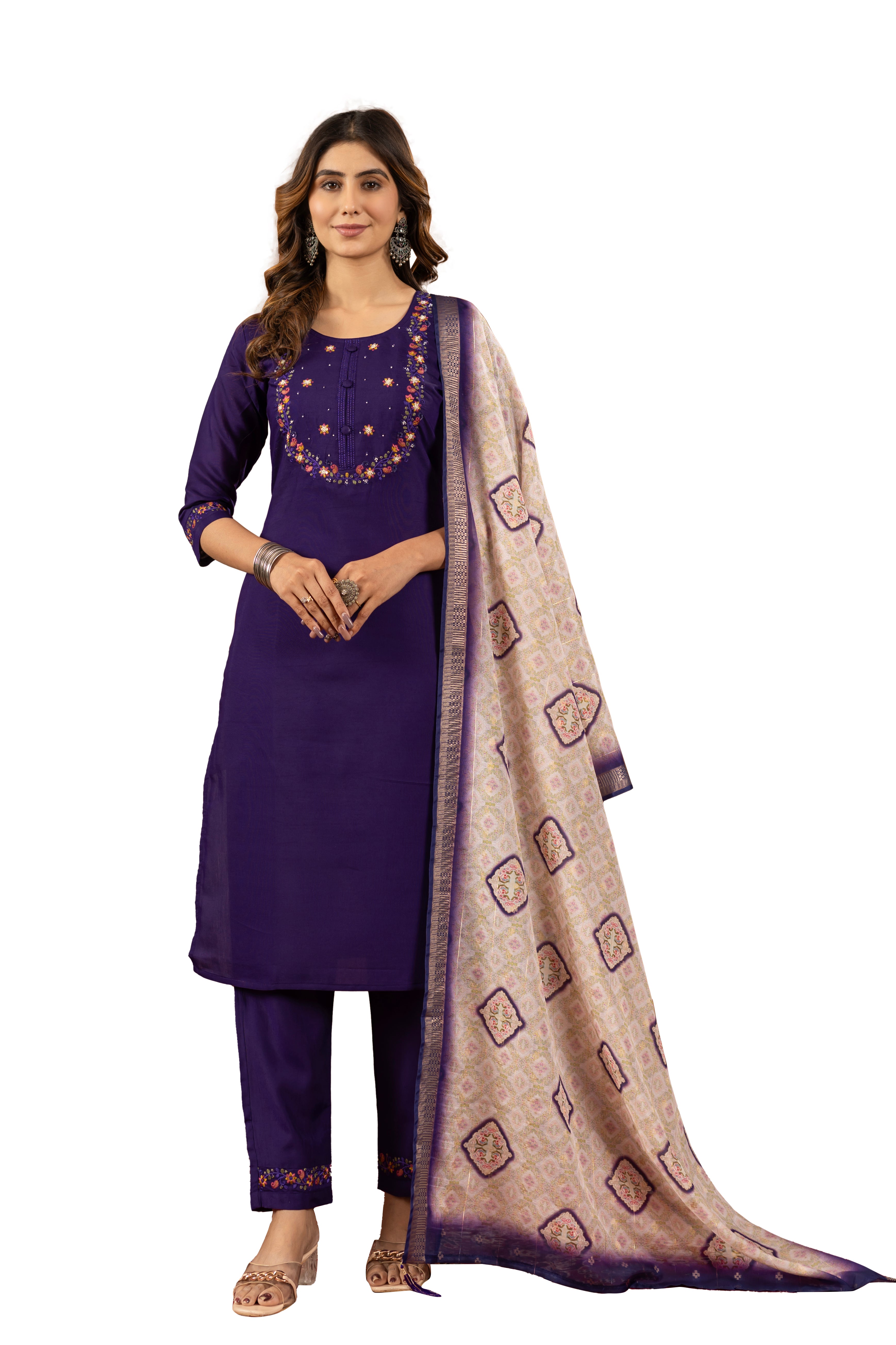 Marina Silk Embroidered Straight Kurti Set – Purple