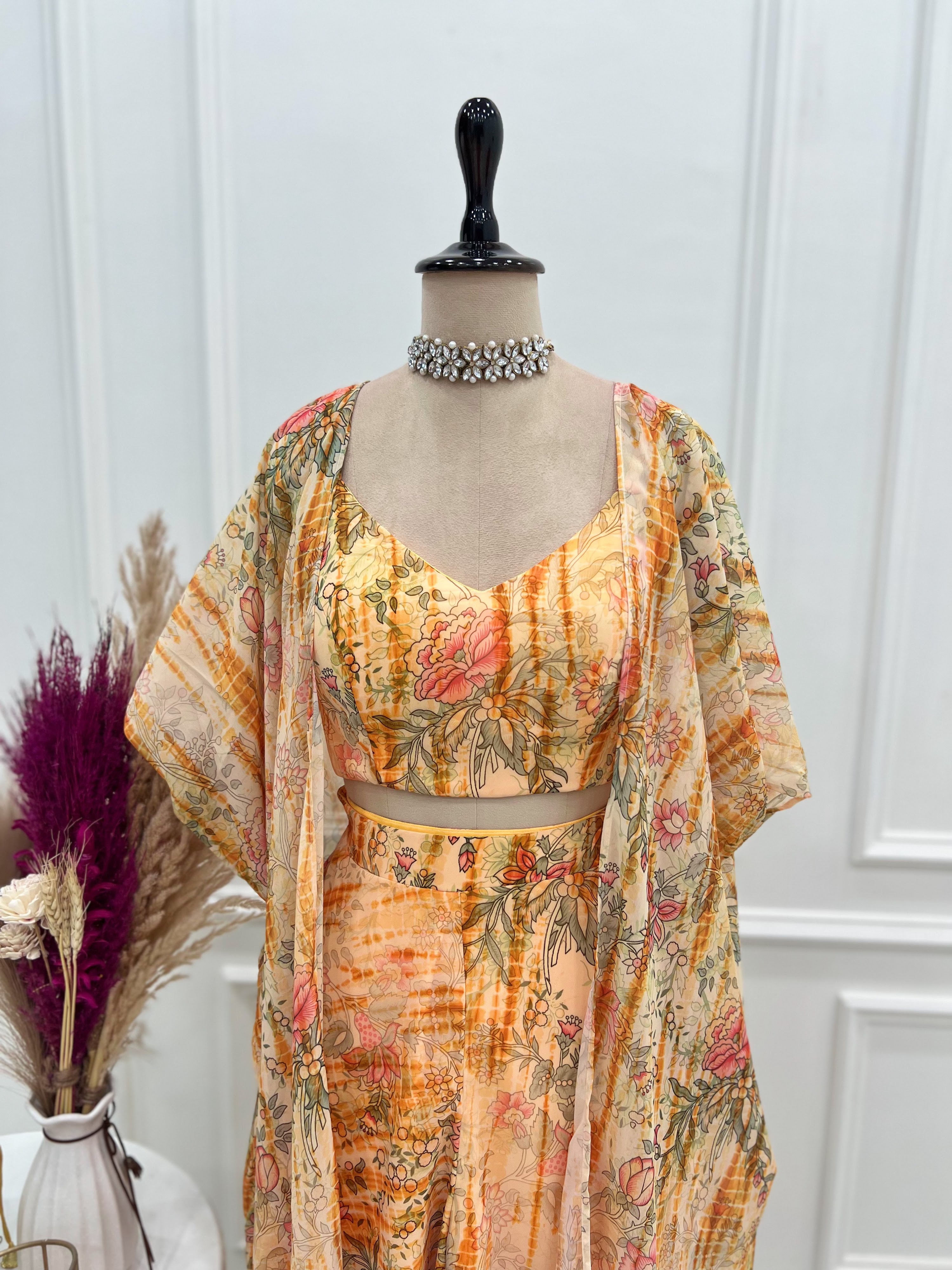 Georgette Printed Kurta-Palazzo Set – Peach Floral