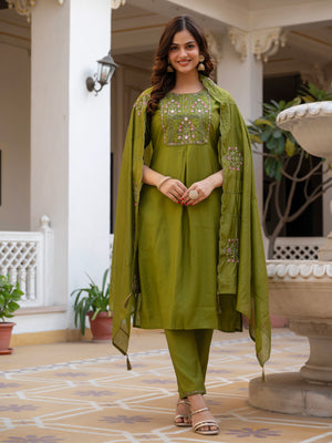 Pure Viscose Mango Silk Embroidered Straight Kurti Set – Mhendi Green