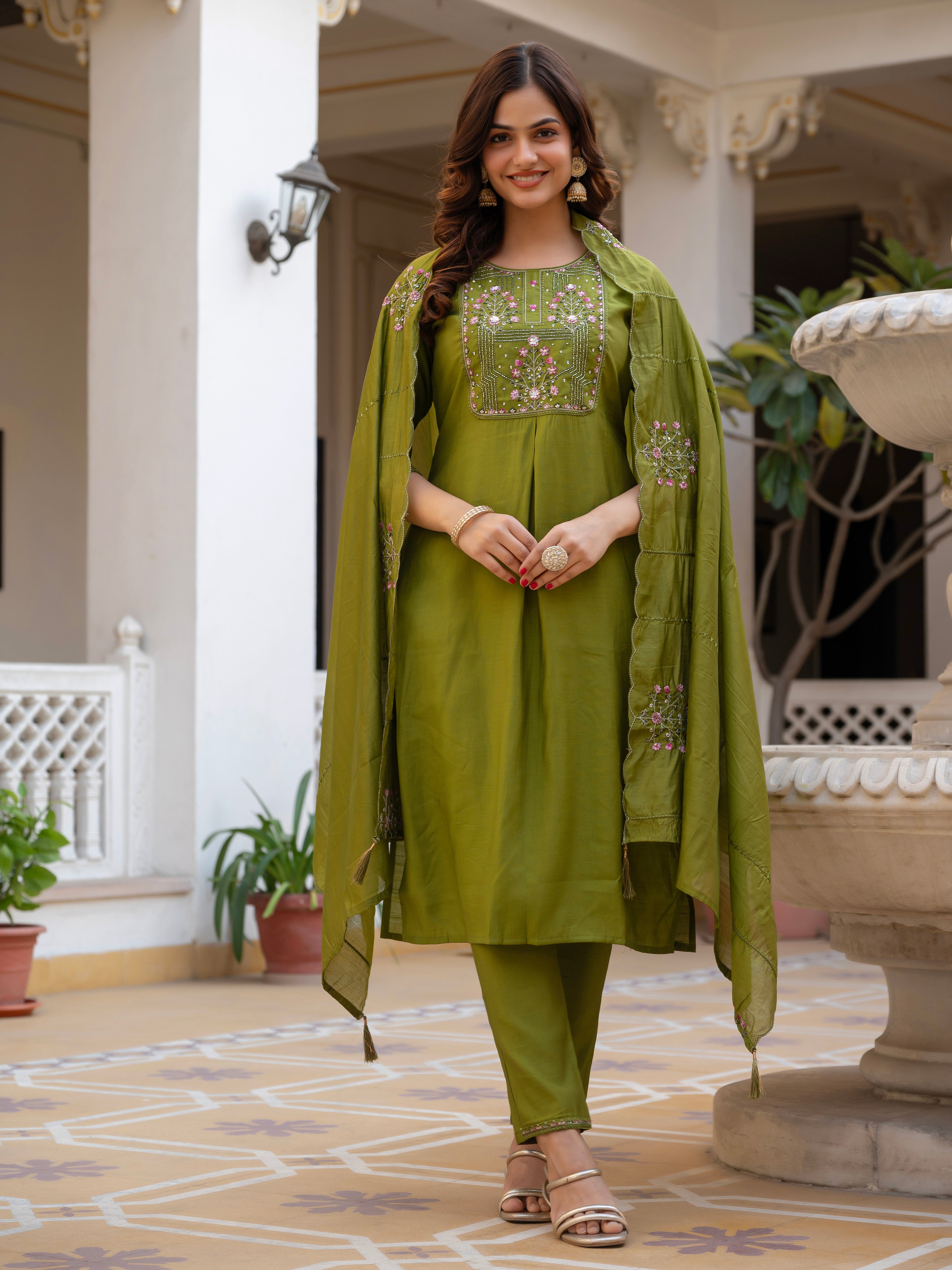 Pure Viscose Mango Silk Embroidered Straight Kurti Set – Mhendi Green