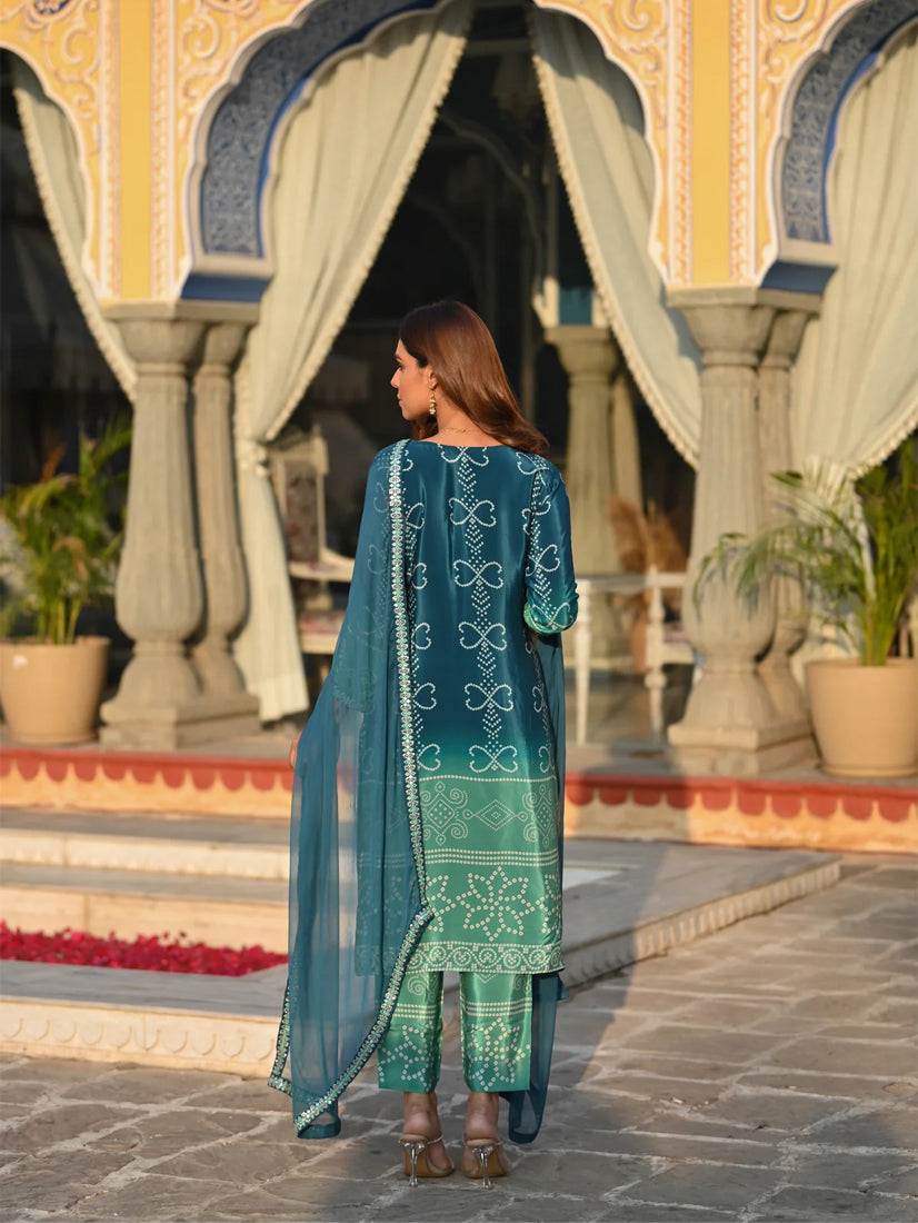 Chinon Silk Printed Kurta Pant Dupatta Set – Rama Green