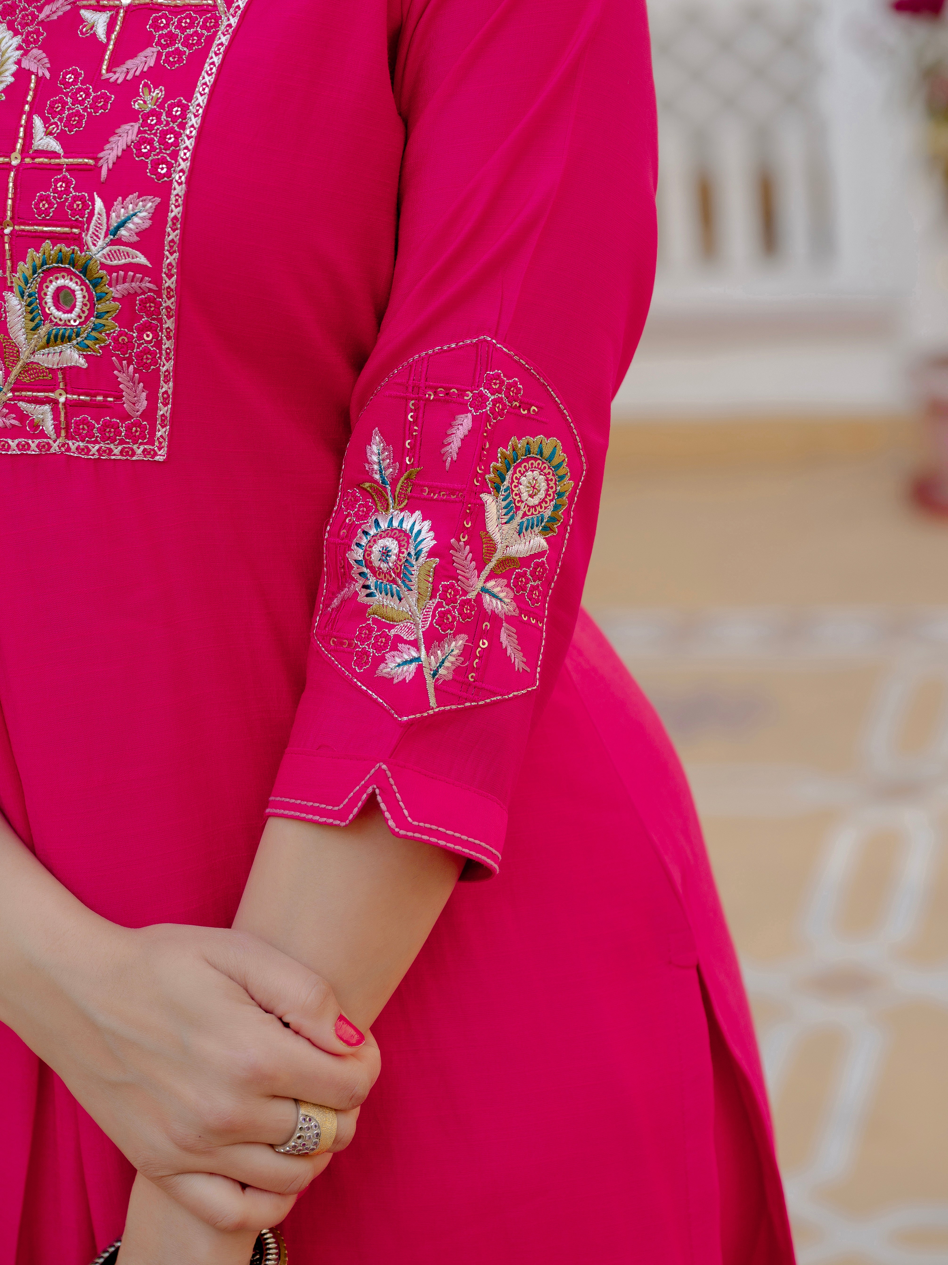 Pure Viscose Mango Silk Embroidered Straight Kurti Set – Pink