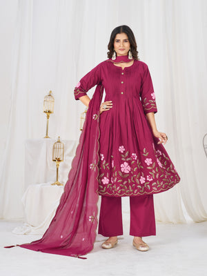 Pure Cotton Embroidered Anarkali Kurti Set – Pink