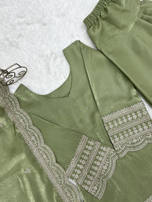 Glass Roman Silk Embroidered Farshi Salwar Set – Sage Green